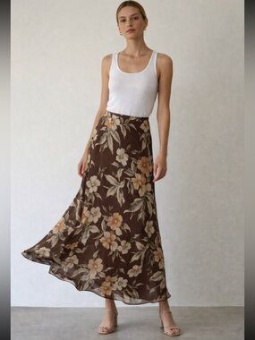 Vintage 90s Silk Floral Maxi Skirt Brown Cream Bias Cut Jones New York Size 12
